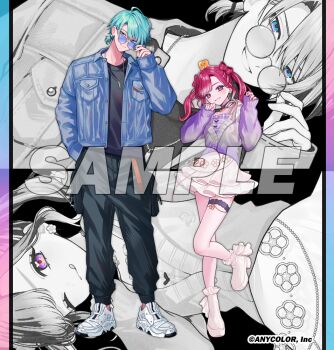 Rule 34 | 1boy, 1girl, :p, alternate costume, aqua eyes, black pants, black shirt, blue-tinted eyewear, blue background, blue eyes, bow-shaped hair, cardigan, commentary request, copyright notice, denim, denim jacket, full body, gradient background, grin, hand in pocket, heart, heart-shaped pupils, jacket, junjam, long sleeves, looking at viewer, nagisa trout, nijisanji, official art, one eye closed, pants, pink background, pink eyes, purple background, purple cardigan, red hair, sample watermark, saotome berry, shirt, shoes, short hair, skirt, smile, sneakers, standing, standing on one leg, sunglasses, symbol-shaped pupils, thigh strap, tinted eyewear, tongue, tongue out, twintails, virtual youtuber, watermark, white shoes, white skirt, zoo