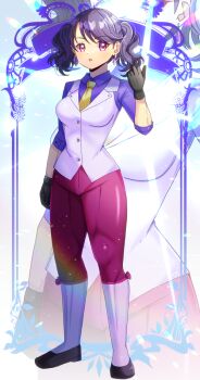 1girl :o black_gloves boots breasts collared_shirt commentary_request commission earrings fukumaru_koito glint gloves hand_up idolmaster idolmaster_shiny_colors jewelry knee_boots kou_hiyoyo long_sleeves looking_at_viewer medium_breasts necktie pants parted_lips purple_eyes purple_hair purple_pants purple_shirt shirt skeb_commission solo twintails vest white_boots white_vest yellow_necktie zoom_layer