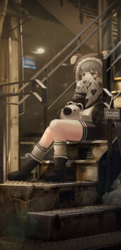 1girl absurdres animal_ears animal_hood bear_ears bear_hood black_boots blurry boots commentary covered_mouth full_body fur_trim green_eyes grey_hair highres holding hood hood_up iinfp_(artist) indoors korean_commentary long_sleeves looking_at_viewer railing scarf shorts sitting sitting_on_stairs socks solo stairs stuffed_animal stuffed_toy teddy_bear viichan waktaverse