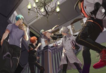 5boys arm_support azul_ashengrotto black_footwear black_hair black_jacket black_jumpsuit black_pants blue_eyes book bottle braid brothers burger buttons carrying carrying_under_arm ceiling chandelier closed_mouth collared_shirt commentary_request dark-skinned_male dark_skin double-breasted dress_shirt earrings floyd_leech food from_below glasses gloves green_hair grey_hair hand_up highres holding holding_book holding_bottle holding_food holding_jacket holding_unworn_clothes indoors jacket jade_leech jamil_viper jewelry jumping jumpsuit kneehighs lab_coat layered_sleeves legs_apart long_hair long_sleeves looking_at_another looking_back looking_up male_focus multicolored_hair multiple_boys necktie night_raven_college_school_uniform open_clothes open_mouth open_shirt orange_hair ororooops outstretched_arms pants parted_lips picture_frame potion railing red_footwear riddle_rosehearts school_uniform sharp_teeth shirt shoes short_over_long_sleeves short_sleeves siblings sleeves_rolled_up smile sneakers socks sportswear stairs standing standing_on_one_leg streaked_hair striped_necktie surprised t-shirt teeth toned toned_male twisted_wonderland unworn_jacket white_jacket white_shirt yellow_eyes