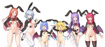 6+girls akasaka_sato alternate_costume animal_ears aqua_eyes black_shrug black_thighhighs blonde_hair blue_eyes blue_hair bow bowtie breasts cocktail_glass commentary covered_erect_nipples covering_privates crystal_wings cup demon_wings drinking_glass english_commentary fake_animal_ears fake_head_wings fangs flandre_scarlet frown grey_hair head_wings heart_maebari heart_pasties high_heels highres holding holding_tray hong_meiling izayoi_sakuya koakuma large_breasts maebari medium_breasts multiple_girls navel open_mouth orange_eyes orange_hair outstretched_arm pasties patchouli_knowledge purple_eyes purple_hair rabbit_ears rabbit_pose red_bow red_bowtie red_hair remilia_scarlet reverse_bunnysuit reverse_outfit shrug_(clothing) simple_background small_breasts smile standing stomach thigh_gap thighhighs touhou tray vampire white_background white_thighhighs wings wrist_cuffs yellow_eyes