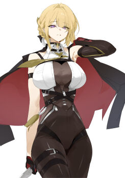 1girl absurdres arm_strap armpits black_choker black_pants blonde_hair braid breasts chest_harness choker cleavage collared_shirt dokshuri elbow_gloves evelyn_chevalier gloves half_gloves harness high-waist_pants highres holding holding_knife jacket jacket_on_shoulders knife large_breasts necktie pants purple_eyes see-through_cleavage see-through_clothes shirt single_elbow_glove single_half_glove sleeveless sleeveless_shirt solo thigh_strap tight_clothes tight_pants white_background white_shirt yellow_necktie zenless_zone_zero