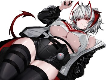 1girl absurdres anger_vein antenna_hair arknights belt belt_pouch black_belt black_choker black_hair black_jacket black_thighhighs breasts choker cleavage commentary crop_top detonator dutch_angle from_below hand_up high-waist_shorts highres holding_detonator horns jacket large_breasts long_sleeves looking_at_viewer multicolored_hair myb52 nail_polish official_alternate_costume open_clothes open_jacket parted_lips pouch red_eyes red_horns red_nails shaded_face shirt short_hair short_shorts shorts sidelocks simple_background solo strap tail thighhighs thighs two-sided_fabric two-sided_jacket underboob unzipped w_(act_ii)_(arknights) w_(arknights) white_background white_hair white_shirt