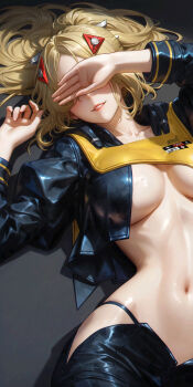 1girl black_jacket black_pants blonde_hair blush breasts chromatic_aberration collarbone commentary_request covering_own_eyes cropped_jacket facing_viewer grey_background hair_intakes hair_ornament hand_up highres jacket large_breasts long_hair navel open_fly pants parted_lips side_slit skindentation smile solo stomach trigger_(zenless_zone_zero) wo_jiushi_kanbudong zenless_zone_zero
