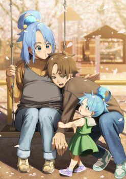 1boy 2girls :o aqua_(konosuba) blue_eyes blue_hair brown_hair brown_shoes brown_sweater child commentary denim dress green_dress highres if_they_mated izawa_(bhive003) jeans kono_subarashii_sekai_ni_shukufuku_wo! long_hair long_sleeves multiple_girls on_swing outdoors pants petals pregnant satou_kazuma shoes short_hair sitting sweater swing