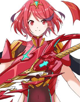 1girl breasts chest_jewel chobi0521 clothing_cutout earrings highres hip_vent impossible_clothes jewelry large_breasts pyra_(xenoblade) red_eyes red_hair short_hair simple_background smile solo sword tiara twitter_username upper_body weapon white_background xenoblade_chronicles_(series) xenoblade_chronicles_2