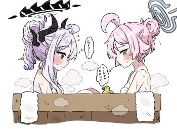 2girls ahoge black_halo blue_archive blue_eyes blush closed_mouth commentary_request e_v_e_neko flying_sweatdrops grey_halo hair_bun halo highres hina_(blue_archive) horns hoshino_(blue_archive) long_hair multiple_girls nude pink_hair purple_eyes rubber_duck same-sex_bathing shared_bathing simple_background speech_bubble thought_bubble towel translation_request white_background white_hair yuri