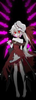 1girl alternate_costume aorin_oekaki barefoot blonde_hair collarbone commentary crystal crystal_wings dress energy_ball flandre_scarlet glowing glowing_eyes glowing_wings hashtag-only_commentary hat hat_ribbon highres layered_dress looking_at_viewer mob_cap off-shoulder_dress off_shoulder one_side_up open_mouth polearm red_dress red_eyes red_ribbon ribbon smile solo spear toes touhou touhou_gensou_eclipse weapon white_dress white_hat wings