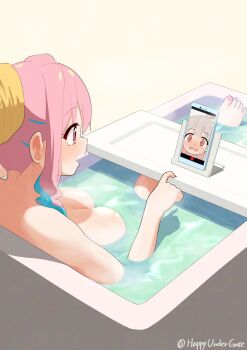2girls :d artist_name barefoot bathing bathtub blue_hair blush breasts brown_eyes cellphone commentary embarrassed grey_hair hair_up happyundergate highres hozuki_kaede large_breasts multicolored_hair multiple_girls nail_polish onii-chan_wa_oshimai! open_mouth oyama_mahiro phone pink_eyes pink_hair pink_nails sidelocks smartphone smile toenail_polish toenails towel towel_on_head twitter_username two-tone_hair video_call water