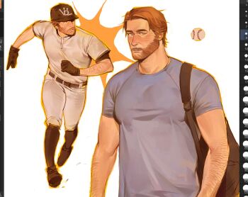 1boy arm_hair art_program_in_frame arthur_morgan backpack bag baseball baseball_cap baseball_uniform beard belt black_bag black_gloves black_hat black_shoes black_socks blonde_hair blue_shirt brown_belt commentary contemporary english_commentary facial_hair full_body gloves green_eyes hat highres kunnuscumnus looking_at_viewer looking_to_the_side mature_male multiple_views no_sclera outline pants parted_lips red_dead_redemption_(series) red_dead_redemption_2 running shirt shoes short_sleeves socks sportswear t-shirt teeth tight_clothes tight_shirt upper_body white_background white_pants white_shirt yellow_outline