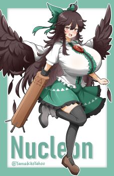 1girl absurdres arm_cannon black_wings bow breasts highres huge_breasts long_hair red_eyes reiuji_utsuho solo third_eye touhou weapon wings yamabikoyahoo