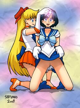 2girls :d aino_minako bishoujo_senshi_sailor_moon blonde_hair blue_eyes blue_hair bottomless bow choker crystal earrings empty_eyes female_focus femdom fingering high_heels hypnosis jewelry kneeling long_hair looking_at_another mind_control mizuno_ami multiple_girls open_mouth pussy sailor_mercury sailor_venus short_hair sleepymaid smile super_sailor_venus tagme tiara very_long_hair yuri