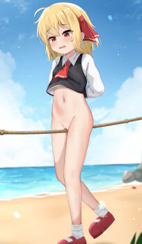 1girl absurdres arms_behind_back ascot bdsm beach belly black_vest blonde_hair blush bondage bottomless bound bound_arms censored commission female_focus hair_ornament hair_ribbon highres loli mosaic_censoring myuchiron navel no_panties ocean open_mouth outdoors pixiv_commission pussy red_ascot red_eyes red_footwear ribbon rope rope_walking rumia shoes short_hair socks tightrope touhou vest walking