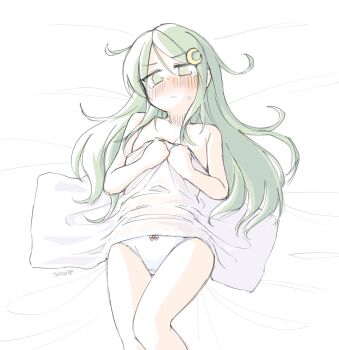 1girl bare_shoulders blanket blush crescent crescent_hair_ornament feet_out_of_frame green_eyes green_hair hair_ornament highres kantai_collection long_hair lying nagatsuki_(kancolle) nose_blush panties solo tatahai underwear white_panties