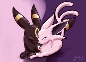 10s animal animal_focus blush closed_eyes espeon forehead_jewel gen_2_pokemon happy lying nintendo no_humans pink_hair pokemon pokemon_(creature) sidelocks umbreon zedrin