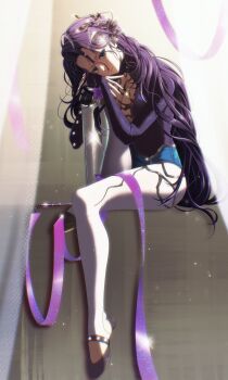 Rule 34 | 1girl, athletic leotard, blue eyes, breasts, cleavage, cleavage cutout, clothing cutout, full body, glint, grey shoes, hair ornament, hands on own knee, head on knee, head rest, highres, knee up, leaf hair ornament, leotard, long hair, milmil7, mole, mole under eye, pantyhose, prosthesis, prosthetic leg, purple hair, purple leotard, purple ribbon, reverse:1999, ribbon, shoes, sitting, solo, white pantyhose, willow (reverse:1999)