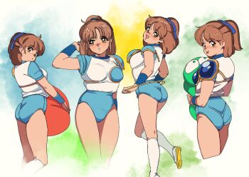 1girl armor ass blue_armor blue_buruma blush breasts brown_eyes brown_hair buruma commentary_request gym_uniform hairband half_updo kneehighs looking_at_viewer madou_monogatari medium_breasts multiple_views ponytail puyo_(puyopuyo) puyopuyo shimadai587779 shoulder_armor socks sweatband thick_thighs thighs tongue tongue_out wristband