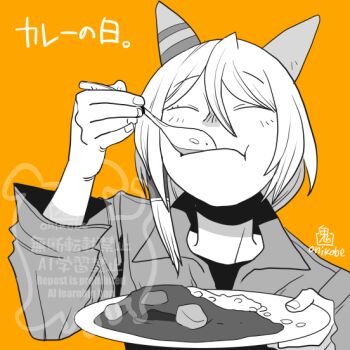 Rule 34 | 1girl, :t, closed eyes, closed mouth, commentary request, curry, curry rice, ear covers, eating, food, greyscale with colored background, holding, holding spoon, horse girl, k.s.miracle (umamusume), long sleeves, onikobe rin, orange background, rice, short hair, simple background, solo, spoon, umamusume, upper body, watermark