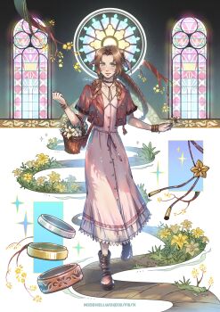 1girl aerith_gainsborough arm_belt basket boots bracelet braid braided_ponytail breasts brown_boots brown_hair buttons choker church cleavage closed_mouth commentary dress dress_ribbon english_commentary facebook_username final_fantasy final_fantasy_vii final_fantasy_vii_remake flower flower_basket flower_choker full_body gold_bangle gold_buttons gold_trim green_eyes halo highres holding holding_basket holding_flower instagram_username jacket jewelry light_blush lily_(flower) long_dress long_hair looking_at_viewer medium_breasts micehellwd multiple_bracelets parted_bangs pink_dress red_jacket short_sleeves sidelocks signature silver_bangle single_braid smile solo sparkle stained_glass twitter_username walking yellow_flower