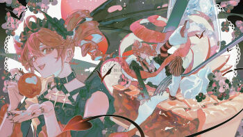 1girl ahoge apple apple_peel black_headdress commission drill_hair eyelashes fingernails flower food fruit full_body hair_between_eyes headdress heart highres holding holding_food holding_fruit jewelry kasane_teto long_hair looking_at_viewer multiple_views nail_polish open_mouth pie red_eyes red_flower red_hair red_nails ring sandsawako sidelocks teeth tongue twin_drills upper_body upper_teeth_only utau watermark