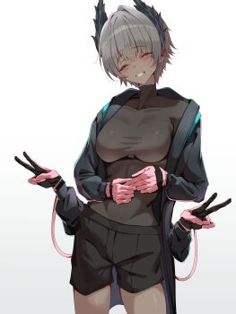 1girl :d absurdres arknights black_coat black_gloves black_shirt black_shorts blush breasts coat commentary covered_collarbone cowboy_shot dark-skinned_female dark_skin double_v extra_arms facing_viewer gloves gradient_background grey_background grey_hair grin highres long_sleeves medium_breasts open_mouth own_hands_together pink_gloves raidian_(arknights) shirt short_hair shorts skin_tight smile solo sonna_watashi standing turtleneck turtleneck_shirt v white_background