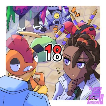 Rule 34 | 2boys, ariados, atticus (pokemon), border, brown hair, closed eyes, commentary request, dark-skinned male, dark skin, eyelashes, forte (pixiv26247143), gen 2 pokemon, gen 3 pokemon, gen 5 pokemon, gulpin, hair between eyes, half-closed eyes, hand on own chin, in-franchise crossover, long sleeves, male focus, multiple boys, naveen (pokemon), nintendo, notice llines, one-eyed, open mouth, pokemon, pokemon (creature), pokemon legends: z-a, pokemon scarlet and violet, purple eyes, revavroom, scrafty, teeth, white border