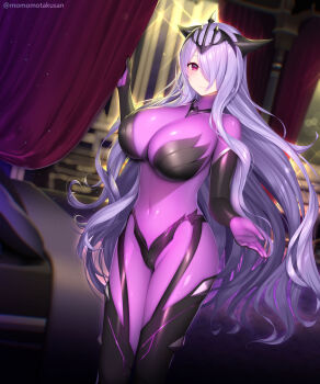 1girl black_gloves bodysuit breasts camilla_(fire_emblem) camilla_(light_of_nohr)_(fire_emblem) camilla_(light_of_nohr)_(resplendent)_(fire_emblem) cleavage crown fire_emblem fire_emblem_fates fire_emblem_heroes gloves hair_over_one_eye highres huge_breasts kashiwamochi_yomogi long_hair nintendo official_alternate_costume pink_eyes purple_bodysuit purple_hair smile solo tiara very_long_hair wavy_hair