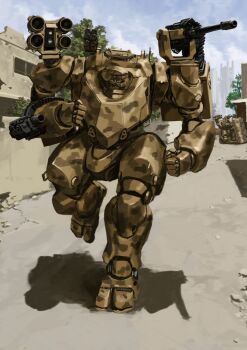 arm_mounted_weapon blue_sky camouflage cloud gun highres holding holding_shield mecha mecha_focus missile_pod original robot ruins running science_fiction shadow shield sky tyokugekidato weapon woodland_camouflage