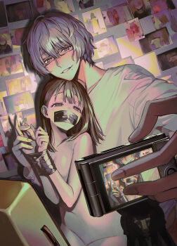 1boy 1girl bound brown_hair camera clothed_male_nude_female completely_nude gag glasses grin hetero highres holding holding_camera improvised_gag long_hair looking_at_viewer male_yandere nude original outstretched_arm photo_(object) recording rectangular_eyewear restrained selfie shadow shirt smile stomach taking_picture tape tape_bondage tape_gag uruu_akua white_shirt yandere