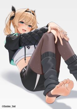 Rule 34 | 1girl, :d, aqua eyes, barefoot, black hairband, black jacket, black leg warmers, black pantyhose, black ribbon, black skirt, blonde hair, casino (casinoep), chinese commentary, commentary request, cropped hoodie, cropped jacket, crossed bangs, drawstring, feet, fingernails, grey background, hair between eyes, hair ribbon, hairband, hands on own knees, highres, hololive, hood, hoodie, jacket, kazama iroha, kazama iroha (pop dance), knees up, layered sleeves, leaning back, leg warmers, long sleeves, looking at viewer, midriff, miniskirt, official alternate costume, official alternate hairstyle, open mouth, paid reward available, pantyhose, pencil skirt, puffy long sleeves, puffy sleeves, quilted clothes, ribbon, short hair, short over long sleeves, short sleeves, simple background, sitting, skirt, smile, soles, solo, stirrup legwear, toeless legwear, toes, twintails, virtual youtuber, white hoodie