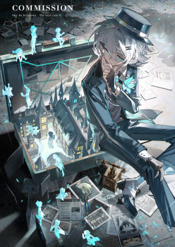 1boy absurdres antique_phone black_gloves blue_eyes building commentary commission english_commentary fingerless_gloves gloves hair_ornament hairclip hat highres iotaone jacket necktie original phone rotary_phone shoes short_hair suit_jacket suitcase white_hair