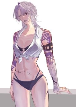 arm_tattoo bandaged_arm bandages bikini black_bikini highres path_to_nowhere scar scared swimsuit tattoo waqles white_hair zoya_(path_to_nowhere)