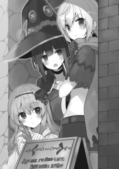 3girls blush braid breasts button_eyes buttons choker chris_(konosuba) cloak dress facial_scar food food-themed_hair_ornament fruit fruit_hair_ornament gloves grape_hair_ornament grapes greyscale hair_between_eyes hair_ornament hat highres iris_(konosuba) kono_subarashii_sekai_ni_shukufuku_wo! long_hair long_scarf looking_at_viewer megumin mishima_kurone monochrome multiple_girls non-web_source novel_illustration official_art open_mouth parted_lips scar scar_on_cheek scar_on_face scarf short_hair shorts sidelocks small_breasts sweat v-shaped_eyebrows witch_hat