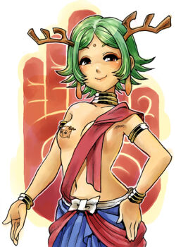 1girl antlers armpits bindi bracelet breasts censored choker facial_mark female_focus forehead_mark green_hair happy horns jewelry looking_at_viewer mimonel no_bra pasties sento-kun short_hair simple_background small_breasts smile solo topless_female wristband