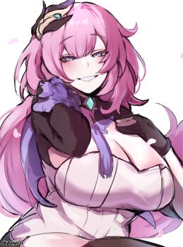 Rule 34 | 1girl, absurdres, alternate breast size (larger), black gloves, black shrug, breasts, cleavage, commentary, corset, elysia (honkai impact), elysia (miss pink elf) (honkai impact), gloves, hair ornament, highres, honkai (series), honkai impact 3rd, huge breasts, kurenaiz (kuayrenaiz), long hair, looking at viewer, pink hair, shrug (clothing), simple background, smile, solo, twitter username, very long hair, white background, white corset