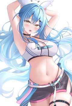 1girl absurdres ahoge armpits bare_shoulders black_shorts blue_hair breasts cleavage commentary_request cowboy_shot elf heart heart_ahoge highres hololive large_breasts long_hair navel pointy_ears shorts simple_background solo strapless tube_top virtual_youtuber waniwani_(wasabiwaniwani) white_background white_tube_top yellow_eyes yukihana_lamy