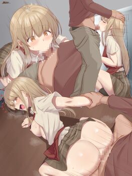 1boy 1girl absurdres apron arm_held_back ass black_male_underwear black_socks blonde_hair breasts breasts_out brown_hair brown_pants brown_skirt censored closed_eyes clothes_lift clothes_pull collared_shirt commentary_request commission cum cum_overflow dashed_eyes fellatio grabbing_another's_arm grey_background hands_on_another's_head heart hetero highres huge_ass large_breasts light_blush long_hair looking_back m.a.o male_underwear male_underwear_peek male_underwear_pull moaning mosaic_censoring motion_lines multiple_views nipples no_bra no_panties open_clothes open_shirt oral otonari_no_tenshi-sama_ni_itsu_no_mani_ka_dame_ningen_ni_sarete_ita_ken pants pants_pull pixiv_commission plaid_clothes plaid_skirt red_apron red_shirt saliva school_uniform sex sex_from_behind shiina_mahiru_(otonari_no_tenshi-sama) shirt sideboob signature simple_background skirt skirt_lift socks squatting steaming_body sweat underwear very_long_hair white_shirt wooden_floor