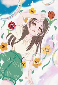 1girl arm_up blush brown_eyes brown_hair colorful_background commentary_request crying dutch_angle flower gakuen_idolmaster green_shorts hand_on_own_forehead highres idolmaster konparu_(konparunemunemu) kuramoto_china long_hair lying on_back open_mouth parted_bangs puffy_short_sleeves puffy_sleeves raised_inner_eyebrows shirt short_sleeves shorts solo tearing_up yellow_shirt