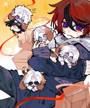 5boys :< ^_^ absurdres animal_ears animal_feet aotsuki_eito black_cape black_hair black_jacket black_pants blue_eyes box cape chinese_commentary closed_eyes closed_mouth commentary_request crossed_arms dog_boy dog_ears dog_tail glasses hair_between_eyes highres hood hood_down hoodie jacket jacket_over_hoodie kaishui_zhudan kemonomimi_mode last_defense_academy_school_uniform long_sleeves male_focus mini_person miniboy multicolored_hair multiple_boys open_mouth pants purple_eyes red_hair school_uniform semi-rimless_eyewear short_hair spoilers streaked_hair sumino_takumi sunglasses sweat tail tail_wagging the_hundred_line_-last_defense_academy- two-tone_hair white_hoodie white_jacket