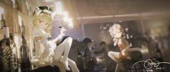 Rule 34 | 2girls, 3boys, absurdres, ahoge, animal ear fluff, animal ears, bar (place), beret, black hairband, black hat, blonde hair, bottle, brown horns, cat ears, cat girl, cat tail, chair, clothing cutout, cup, dated, dress, drinking glass, feet, firing, food-themed hair ornament, formal clothes, gloves, green eyes, gun, hair between eyes, hair ornament, hairband, hat, heterochromia, highres, holding, holding cup, holding gun, holding weapon, horns, indoors, lime hair ornament, looking at viewer, medium hair, multiple boys, multiple girls, neko blow, no shoes, on chair, open mouth, original, pantyhose, pink hair, red dress, red eyes, short hair, shoulder cutout, sitting, smile, suit, tail, weapon, white dress, white gloves, white pantyhose, white wrist cuffs, wine bottle, wine glass, wrist cuffs, x hair ornament