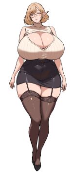 1girl absurdres blush bob_cut breasts cleavage cleavage curvy elf full_body gigantic_breasts glasses head_tilt high_heels highres huge_breasts looking_at_viewer mature_female original parted_lips pencil_skirt plump pointy_ears pumps ribbed_sweater short_hair sidelocks skindentation skirt sleeveless sleeveless_sweater solo standing sweater thick_thighs thighhighs thighs turtleneck turtleneck_sweater white_background wide_hips yui.h