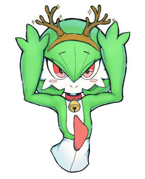 1girl :> animal_collar arms_up bell blush blush_stickers bob_cut brown_hairband closed_mouth collar colored_skin cropped_torso fake_antlers female_focus flat_chest gardevoir gen_3_pokemon green_hair green_skin hair_between_eyes hairband happy highres jingle_bell looking_at_viewer multicolored_skin neck_bell nintendo pokemon pokemon_(creature) red_eyes sara_(sublender1234) short_hair simple_background smile solo sparkle split_mouth straight-on two-tone_skin upper_body white_background white_skin