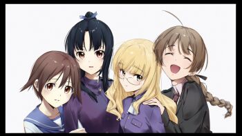 4girls black_hair black_jacket blonde_hair blue_jacket braid brown_eyes brown_hair closed_eyes happy hattori_shizuka highres hmd_1800 jacket long_hair looking_at_viewer lynette_bishop military military_uniform miyafuji_yoshika multiple_girls neckerchief necktie open_mouth perrine_h._clostermann school_uniform shirt short_hair simple_background single_braid smile strike_witches upper_body white_background white_neckerchief white_shirt world_witches_series yellow_eyes