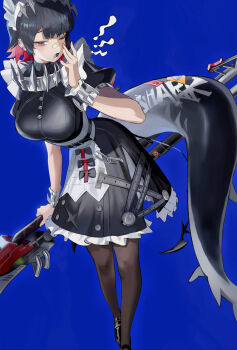 1girl absurdres bandaid bandaid_on_face black_dress black_hair black_pantyhose blue_background breasts commentary dress ellen_joe fins fish_tail highres holding holding_polearm holding_weapon maid maid_headdress nail_polish noco_(pixiv14976070) one_eye_closed pantyhose pink_eyes polearm red_nails shark_girl shark_tail short_hair solo tail unconventional_maid weapon yawning zenless_zone_zero