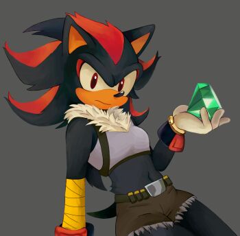 1girl animal_ears animal_nose arm_support arm_wrap belt black_fur black_hair body_fur breasts brown_shorts chaos_emerald chest_harness closed_mouth crop_top female_focus furry furry_female gem genderswap genderswap_(mtf) gloves green_gem grey_background grey_shirt hand_up harness holding holding_gem leaning_back long_hair looking_at_viewer midriff multicolored_hair navel neck_fur red_eyes shadow_the_hedgehog shirt short_shorts short_tail shorts simple_background sitting sleeveless sleeveless_shirt small_breasts solo sonic_(series) spiked_hair stomach streaked_hair tail two-tone_hair virtualcorpse white_fur white_gloves white_hair