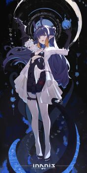 1girl absurdres black_gloves blunt_bangs boots breasts character_name clothing_cutout crinoline dress dress_flower flower gauntlets gloves gradient_hair hair_ornament hands_up high_heel_boots high_heels highres hololive hololive_english layered_dress long_hair looking_at_viewer multicolored_hair ninomae_ina'nis ninomae_ina'nis_(ina_the_hero) platform_boots pointy_ears purple_eyes purple_hair see-through_clothes see-through_skirt simuyutou single_gauntlet skirt small_breasts stomach_cutout takodachi_(ninomae_ina'nis) tentacle_hair thigh_strap virtual_youtuber white_boots white_dress