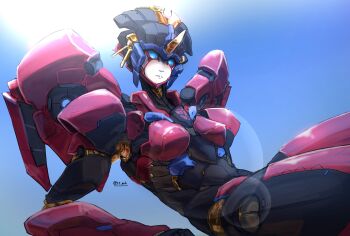 1girl autobot blue_eyes breasts flame_toys_windblade glowing glowing_eyes highres machine machinery makeup mecha mecha_girl mechanical_wings medium_breasts no_humans oberon826 robot transformers windblade windblade_(transformers) wings