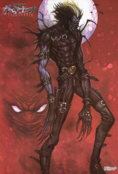 Rule 34 | 1boy, absurdres, belt, claws, full moon, gimp suit, highres, monster boy, moon, multiple belts, nitroplus, non-web source, stitches, vampirdzhija vjedogonia, veins, vjedogonia, zipper