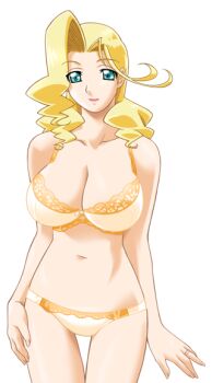 1girl aqua_eyes blonde_hair blue_eyes bra breasts cleavage cowboy_shot curly_hair game_cg gan-chan_(artist) hitozuma_sentai_aisaiger jewelry large_breasts large_variant_set lingerie lipstick long_hair makeup mature_female navel non-web_source official_art panties ring smile solo sophie_andrea_yukitou standing thigh_gap transparent_background underwear underwear_only variant_set wedding_ring yellow_bra yellow_panties