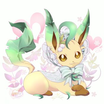 bonnet brown_eyes closed_mouth clothed_pokemon commentary_request flower gen_4_pokemon heart leaf leafeon looking_at_viewer lying nintendo no_humans pokemon pokemon_(creature) pokemon_focus ribbon smile solo squirrel_417